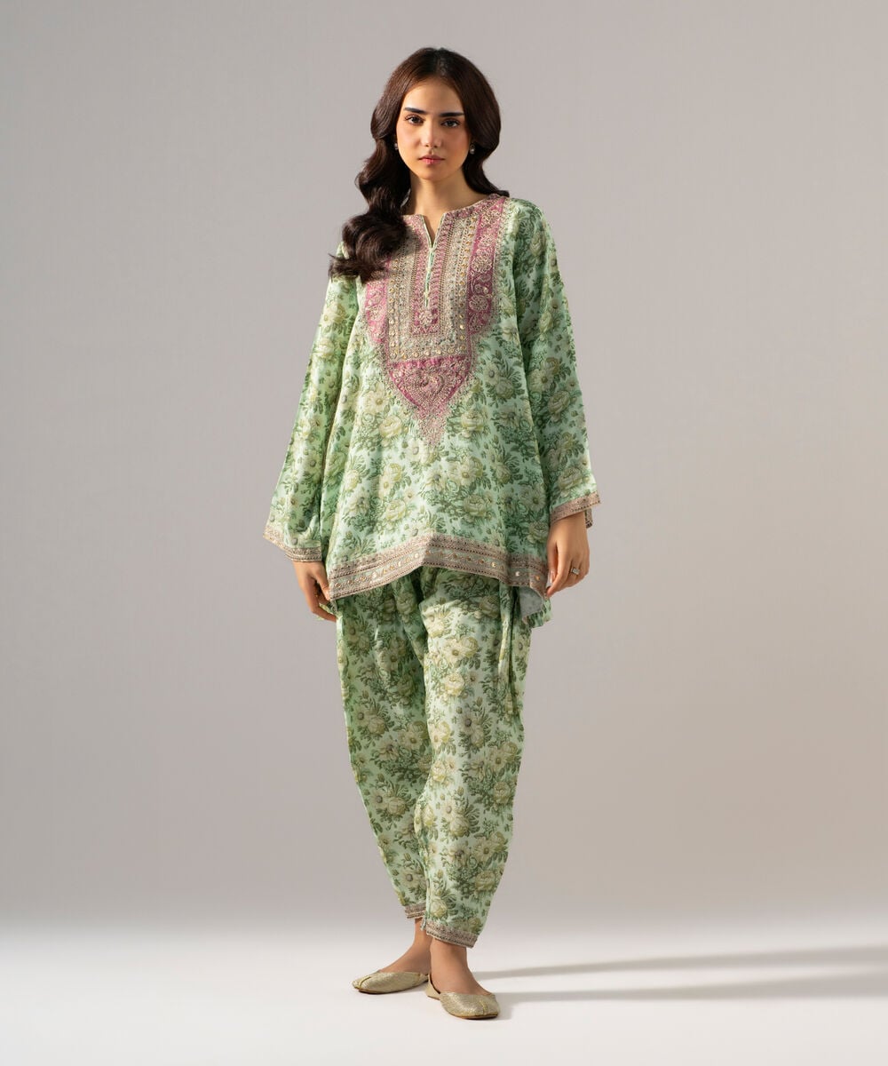 2 Piece - Embroidered Raw Silk Suit — Sapphire