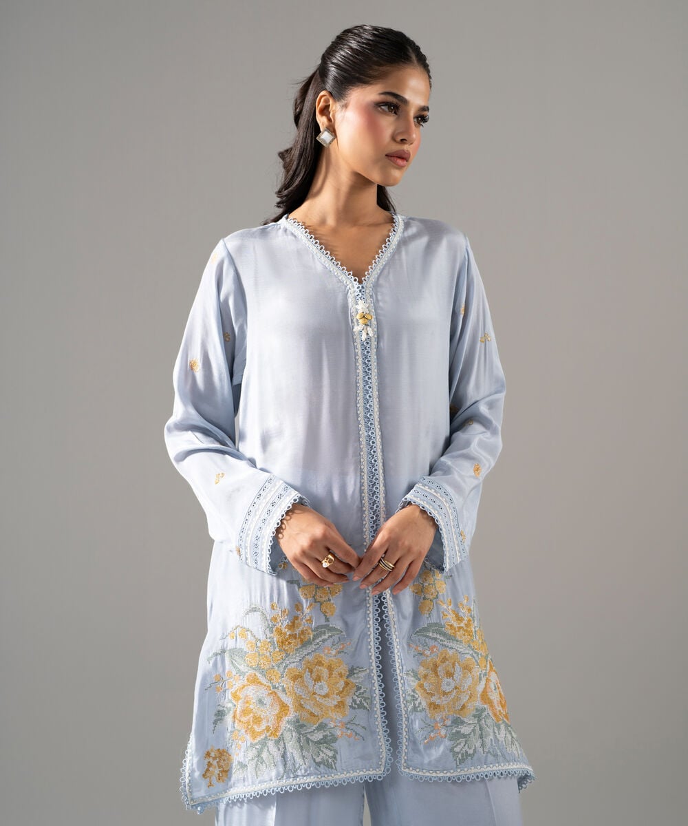 2 Piece - Embroidered Thai Silk Suit — Sapphire