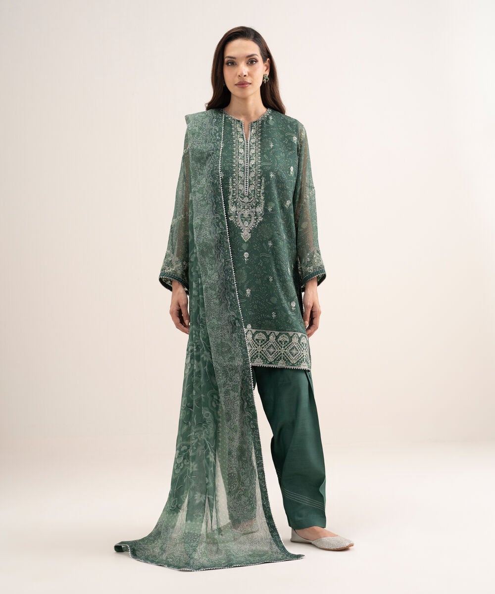 3 Piece - Embroidered Chiffon Suit — Sapphire