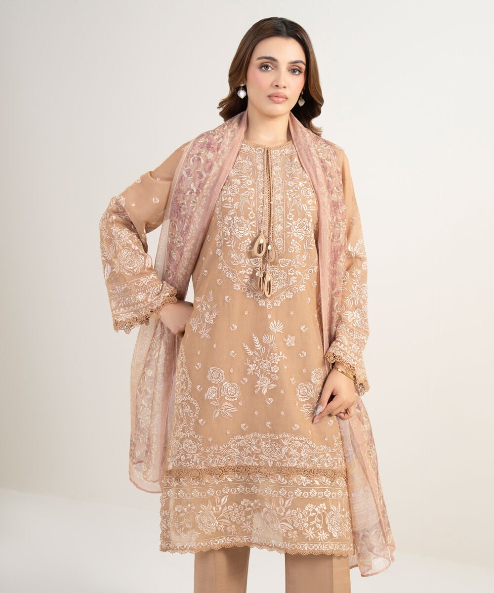 3 Piece - Embroidered Khaddi Net Suit — Sapphire