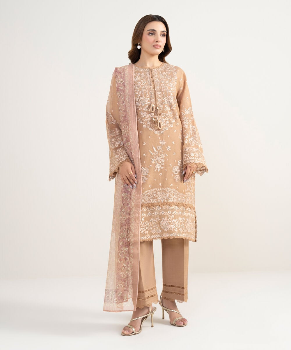3 Piece - Embroidered Khaddi Net Suit — Sapphire view 3