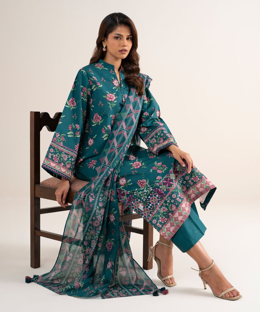 3 Piece - Embroidered Cotton Suit — Sapphire