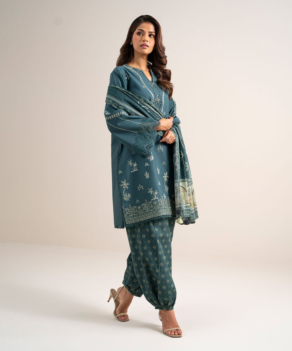 3 Piece - Embroidered Cotton Suit — Sapphire