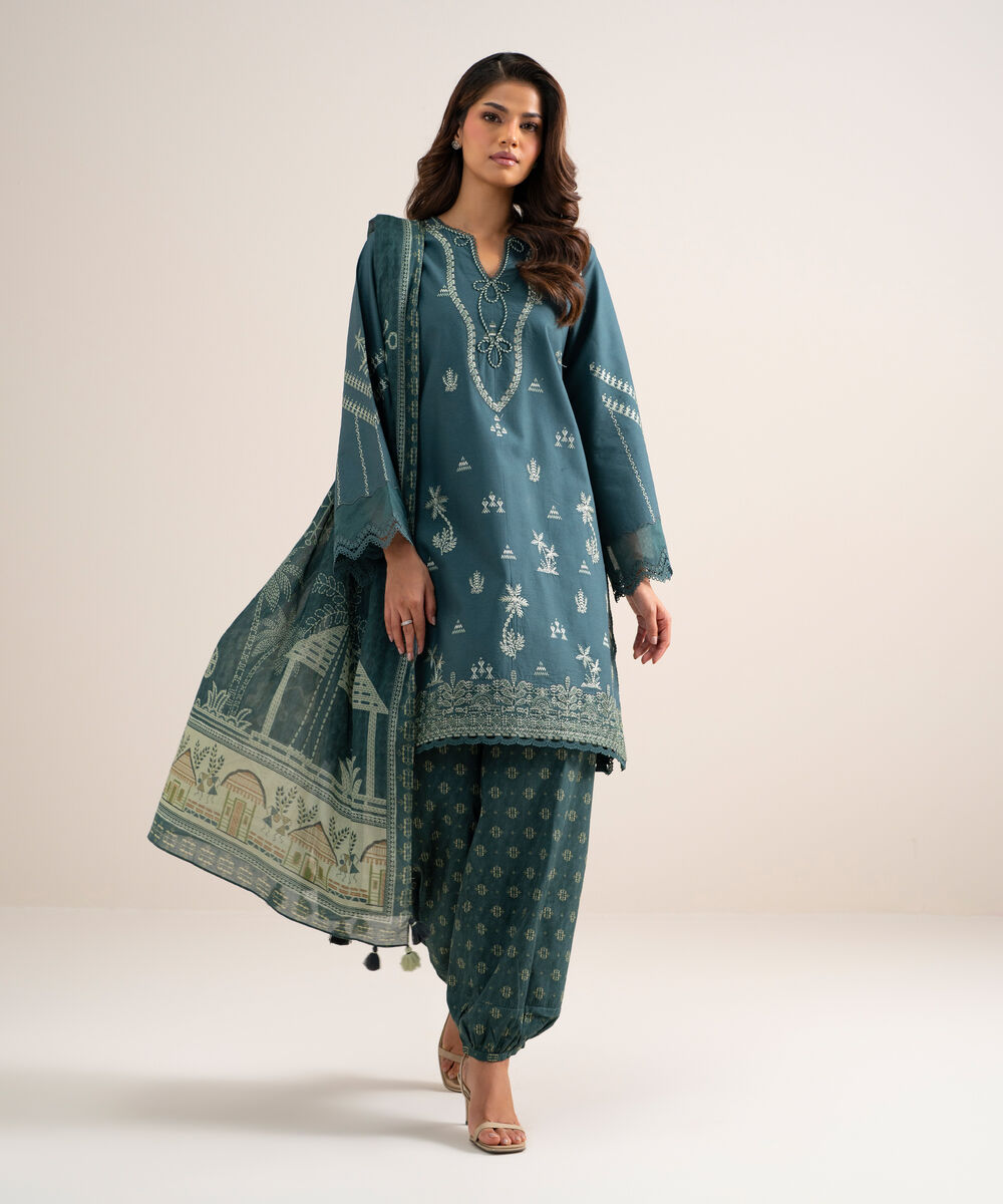 3 Piece - Embroidered Cotton Suit — Sapphire view 3