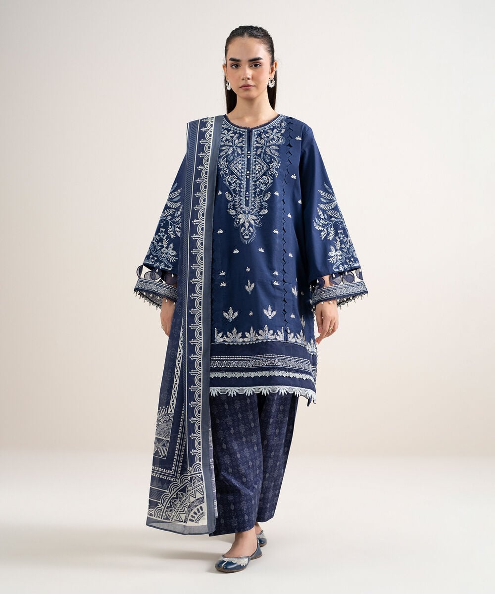 3 Piece - Embroidered Cotton Suit — Sapphire