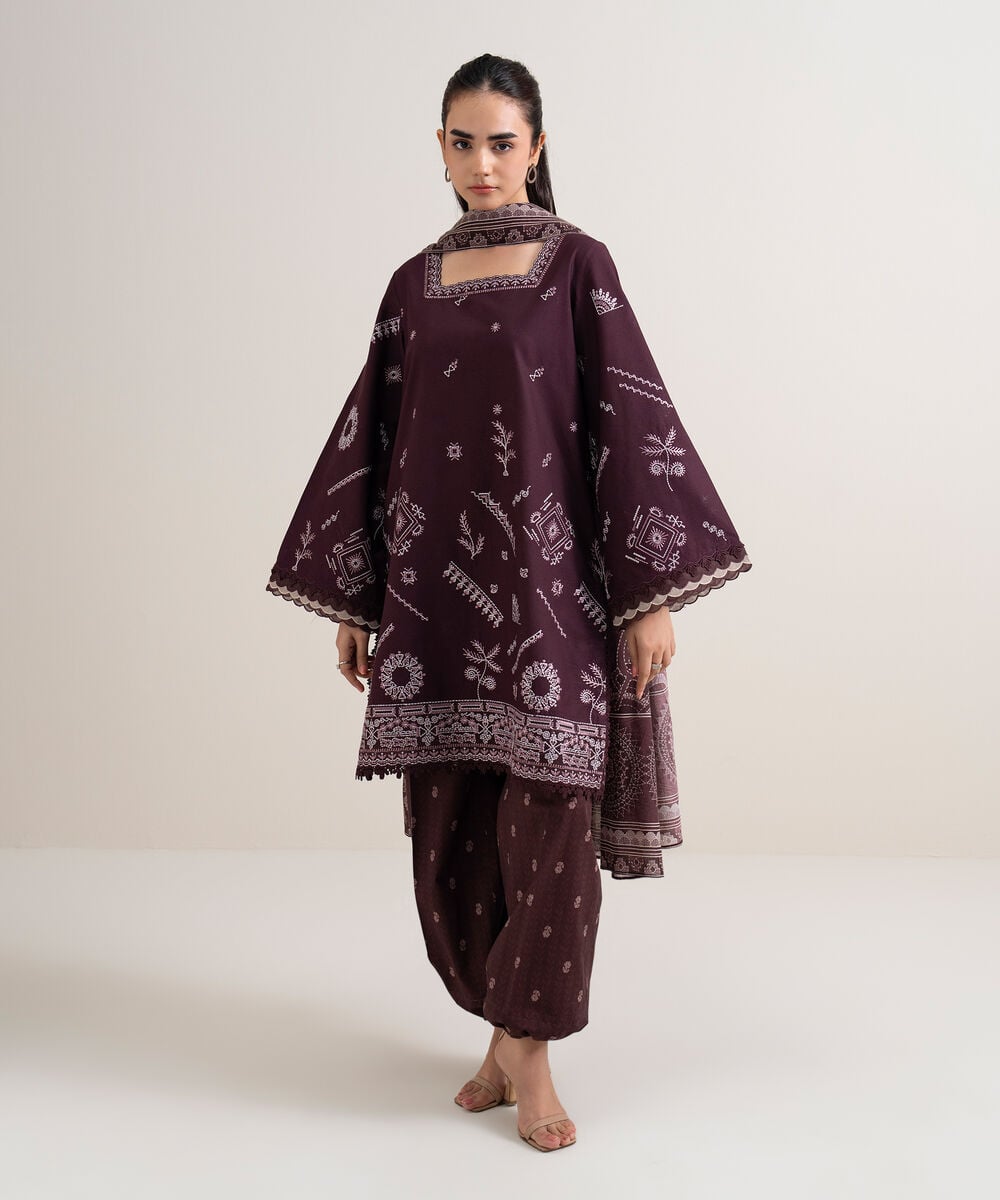 3 Piece - Embroidered Cotton Suit — Sapphire