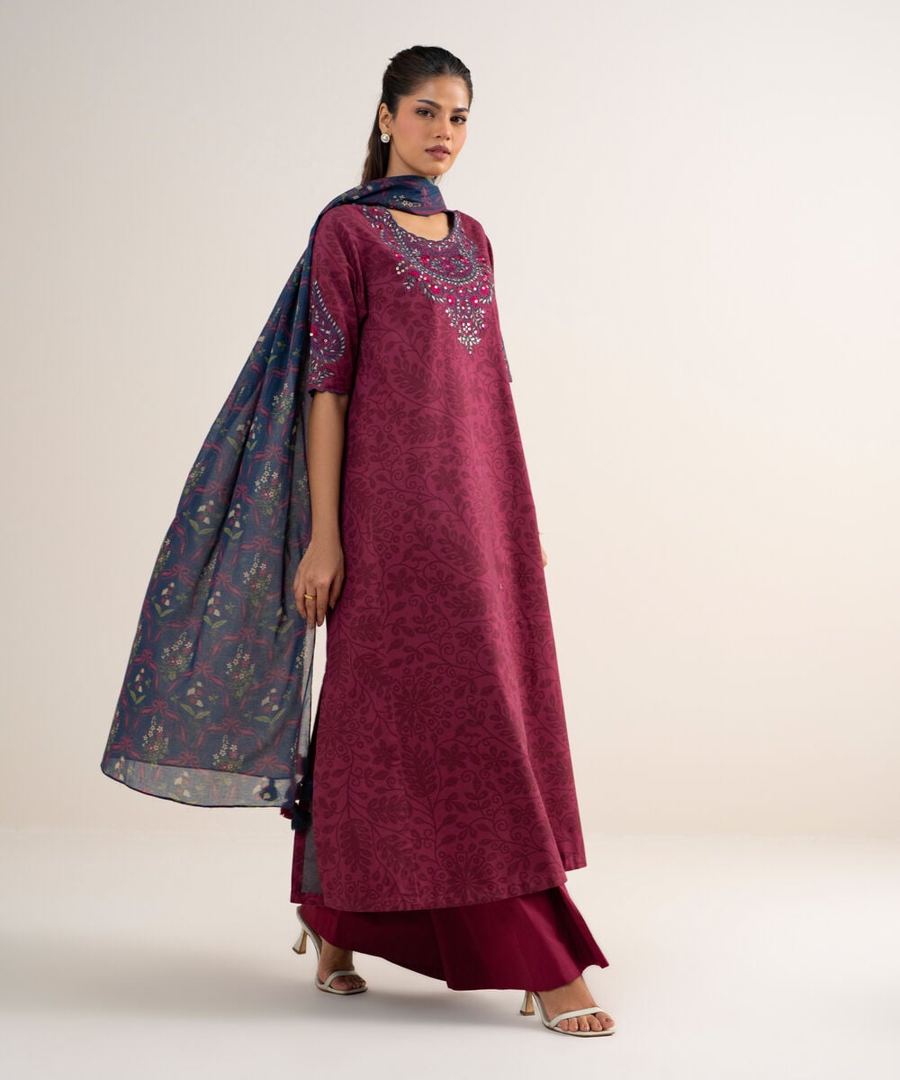 3 Piece - Embroidered Cotton Suit — Sapphire