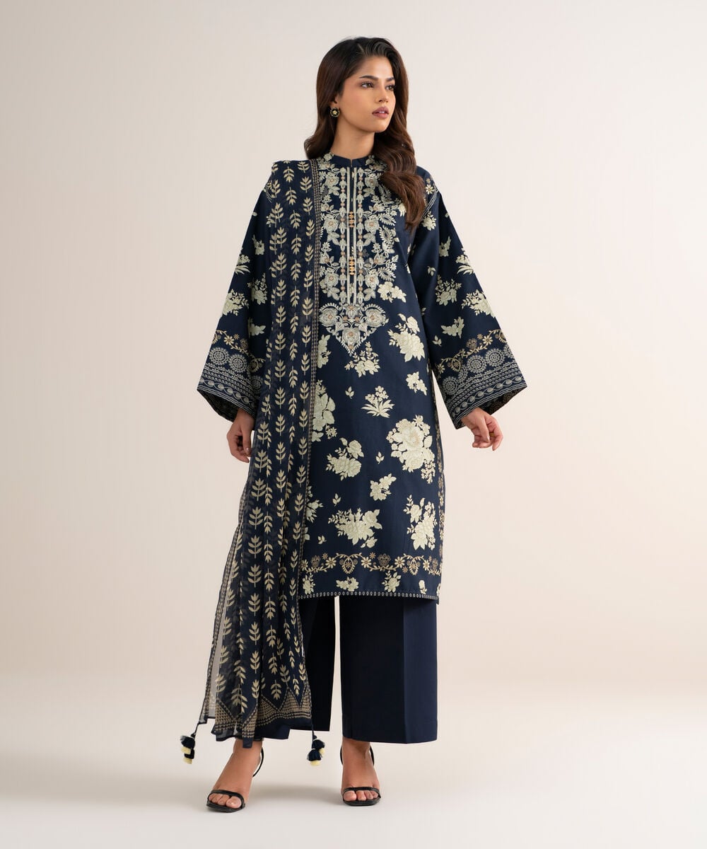 3 Piece - Embroidered Cotton Suit — Sapphire