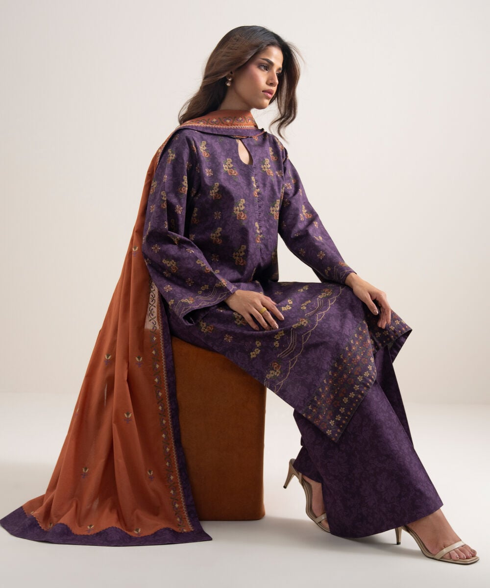 3 Piece - Embroidered Cotton Suit — Sapphire