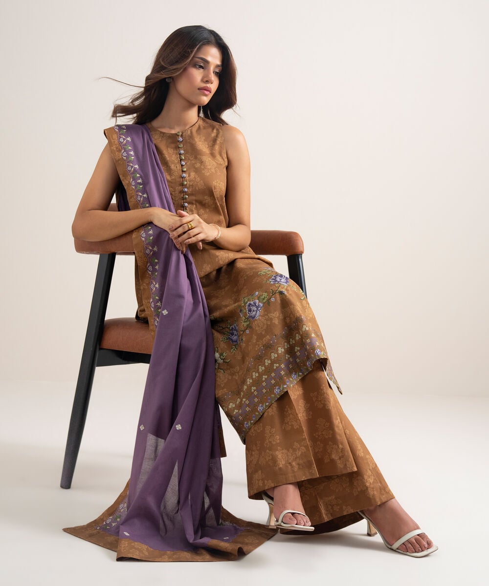 3 Piece - Embroidered Cotton Suit — Sapphire