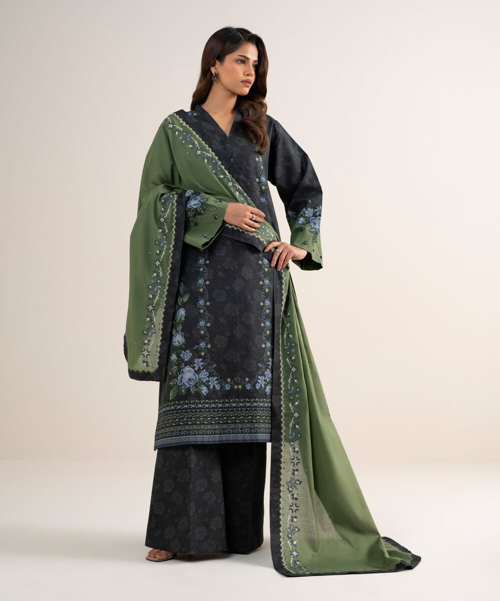3 Piece - Embroidered Cotton Suit — Sapphire