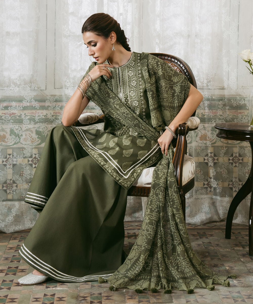 3 Piece - Embroidered Cotton Suit — Sapphire