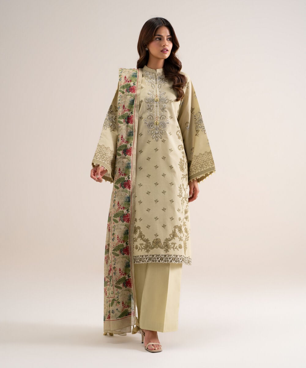 3 Piece - Embroidered Cotton Suit — Sapphire