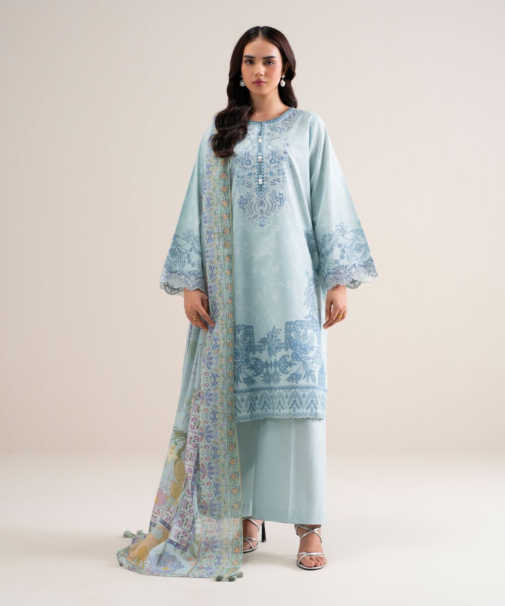 3 Piece - Embroidered Cotton Suit — Sapphire