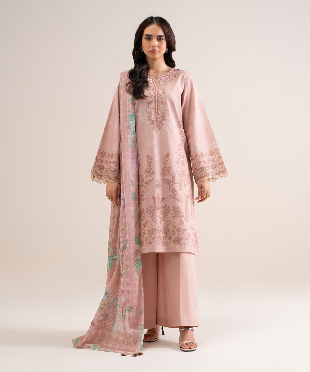 3 Piece - Embroidered Cotton Suit — Sapphire