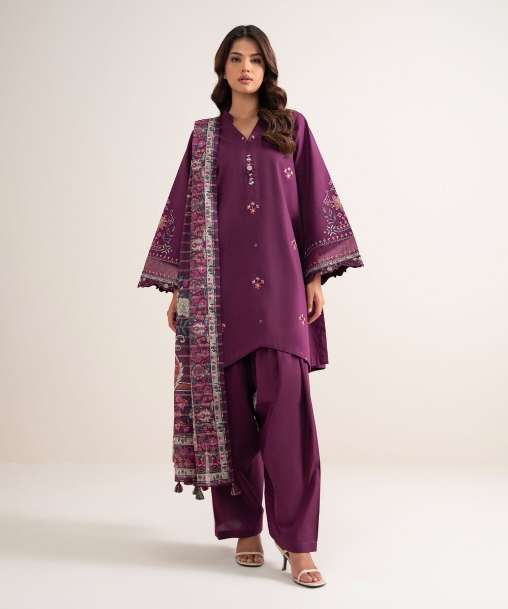 3 Piece - Embroidered Cotton Suit — Sapphire