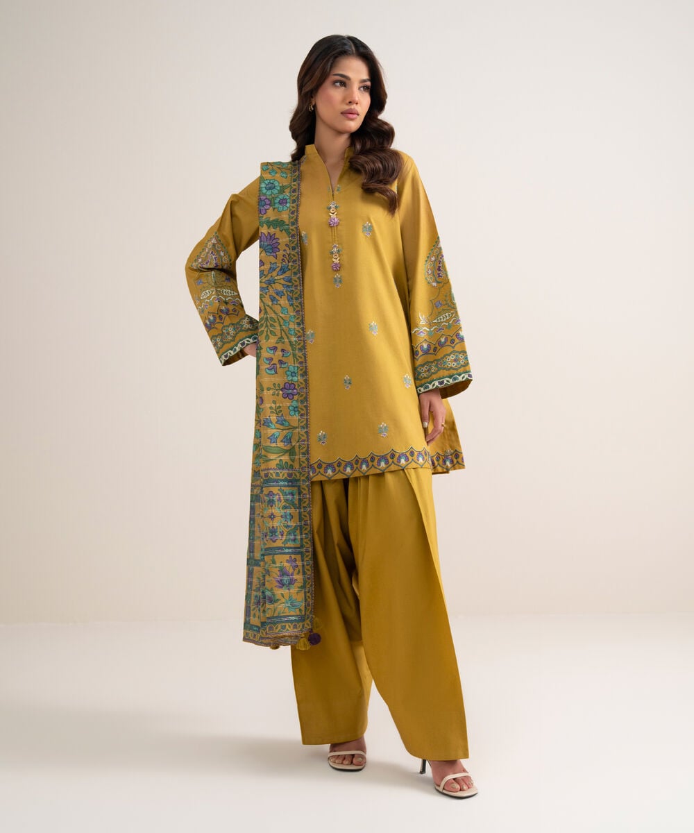 3 Piece - Embroidered Cotton Suit — Sapphire