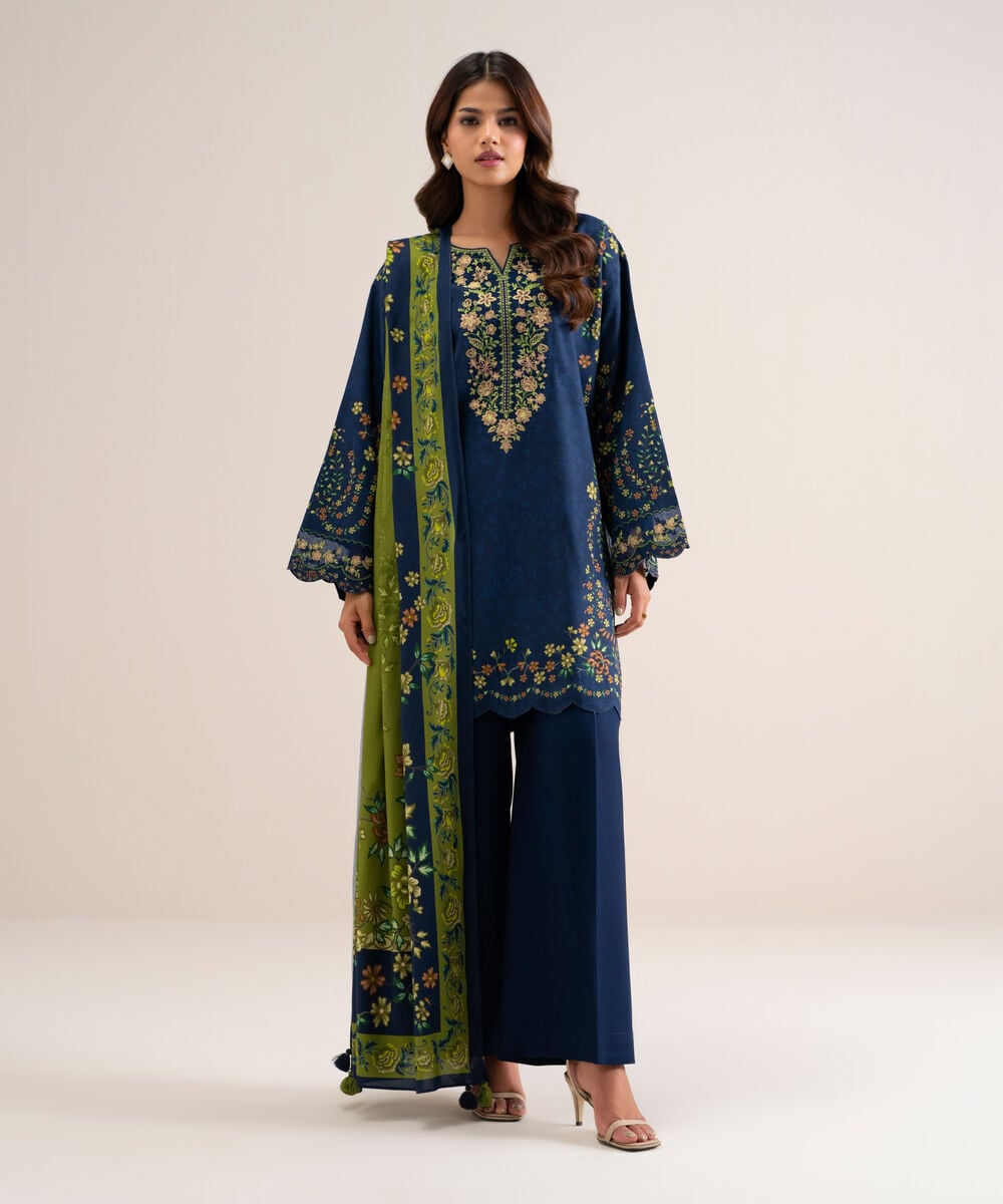 3 Piece - Embroidered Cotton Viscose Suit — Sapphire