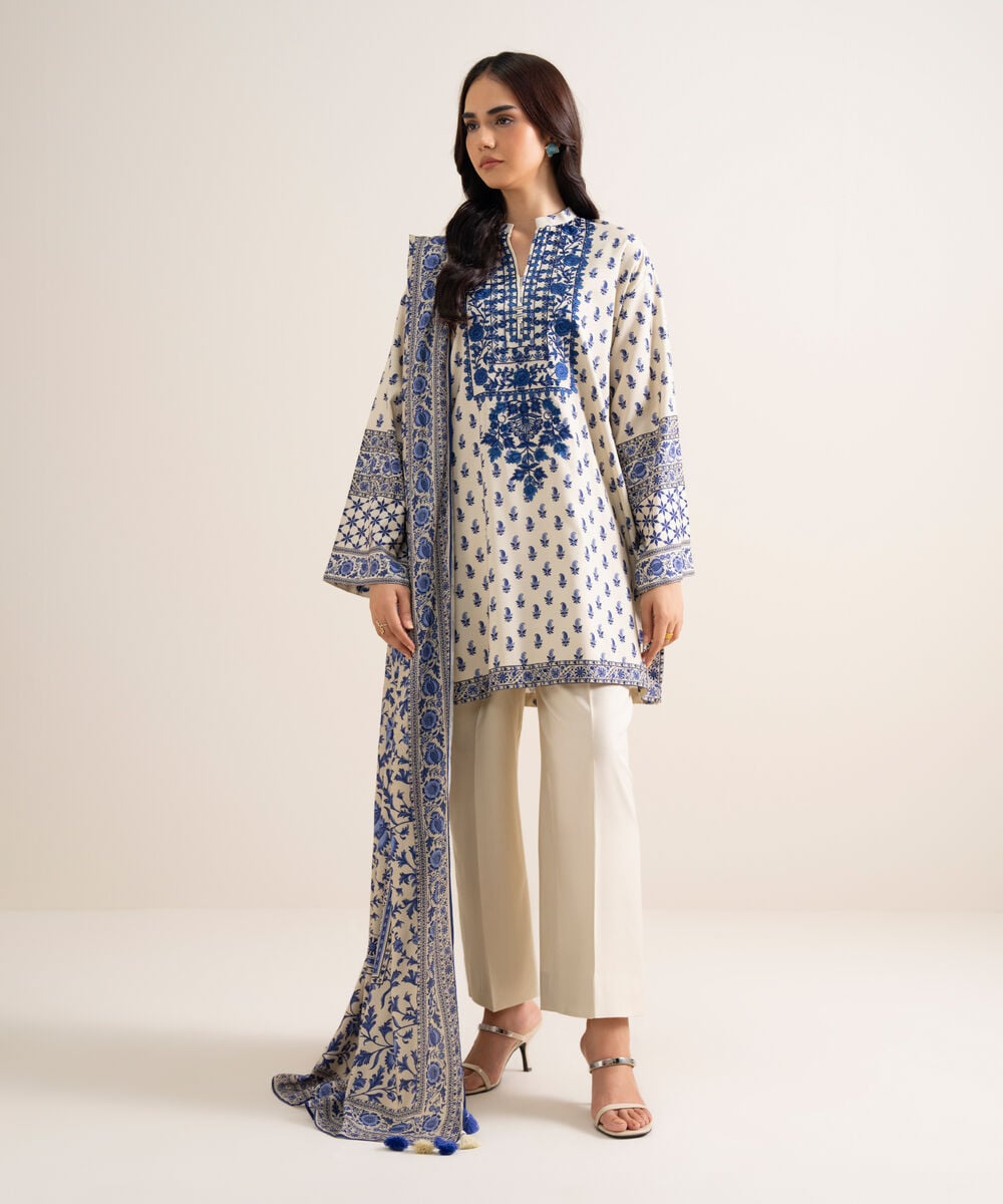 3 Piece - Embroidered Linen Suit — Sapphire