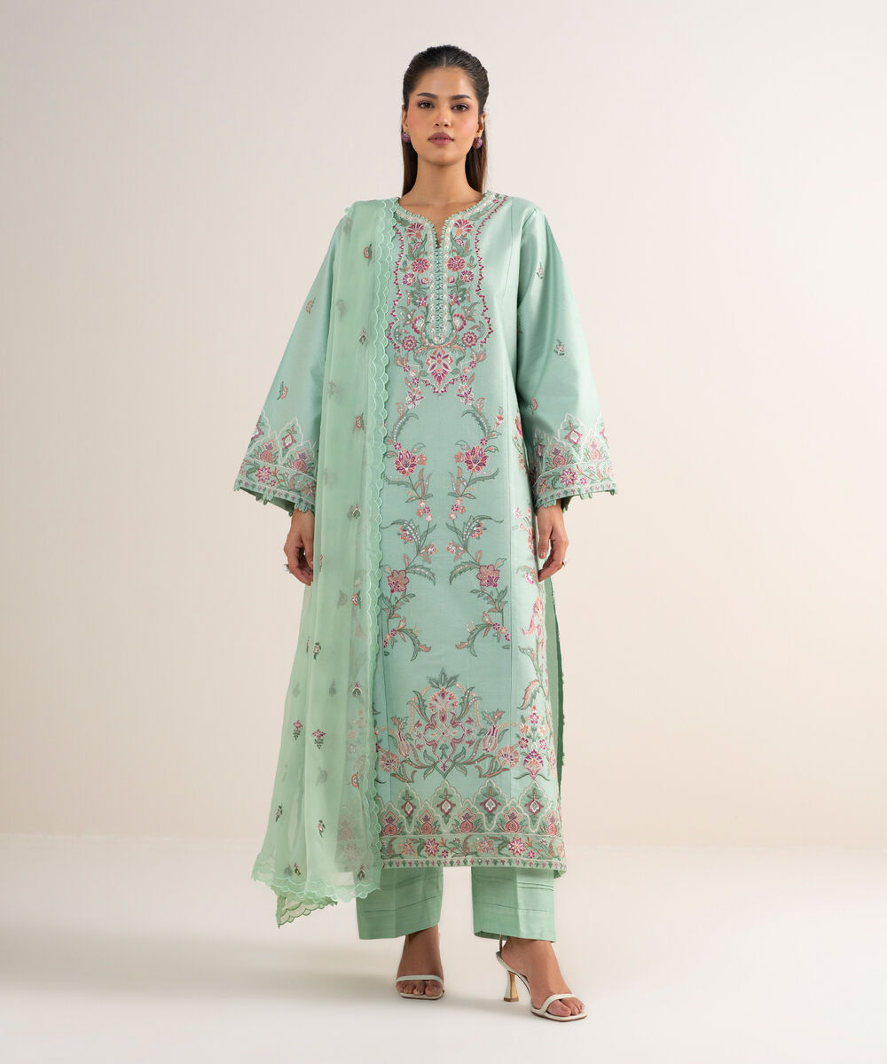3 Piece - Embroidered Cotton Net Suit — Sapphire