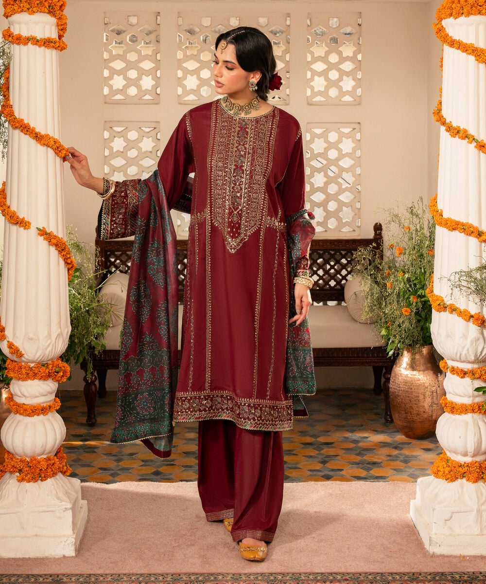3 Piece - Embroidered Raw Silk Suit — Sapphire
