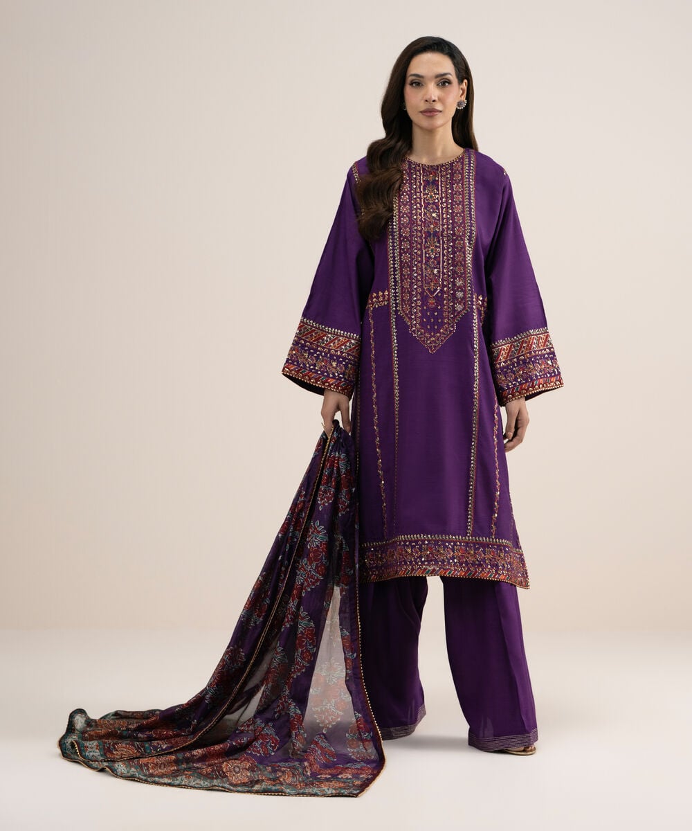 3 Piece - Embroidered Raw Silk Suit — Sapphire