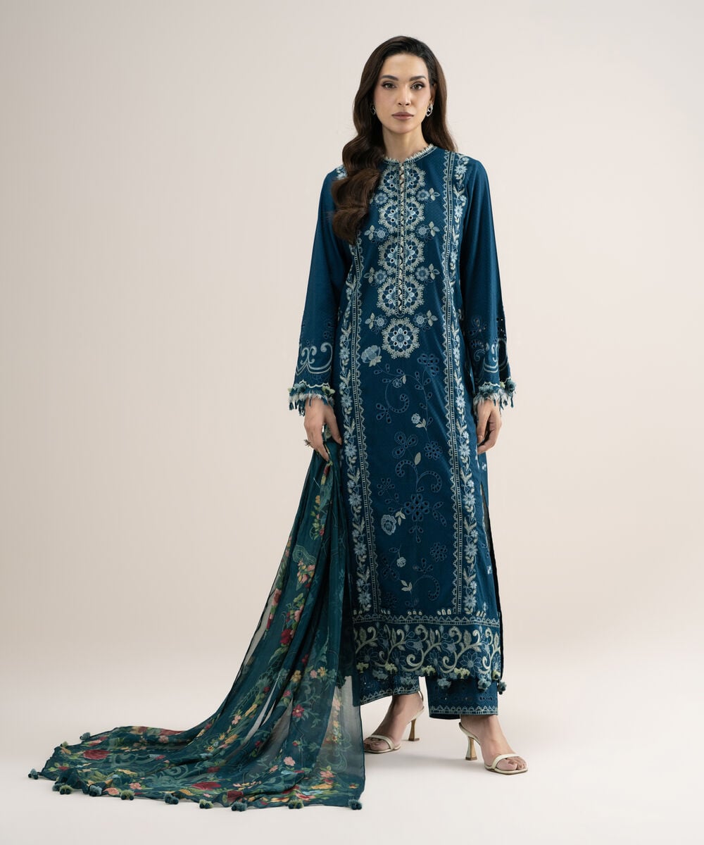 3 Piece - Embroidered Dobby Suit — Sapphire