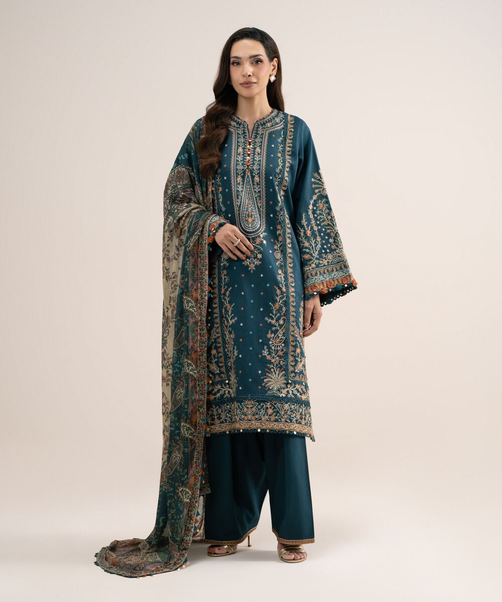 3 Piece - Embroidered Cotton Satin Suit — Sapphire