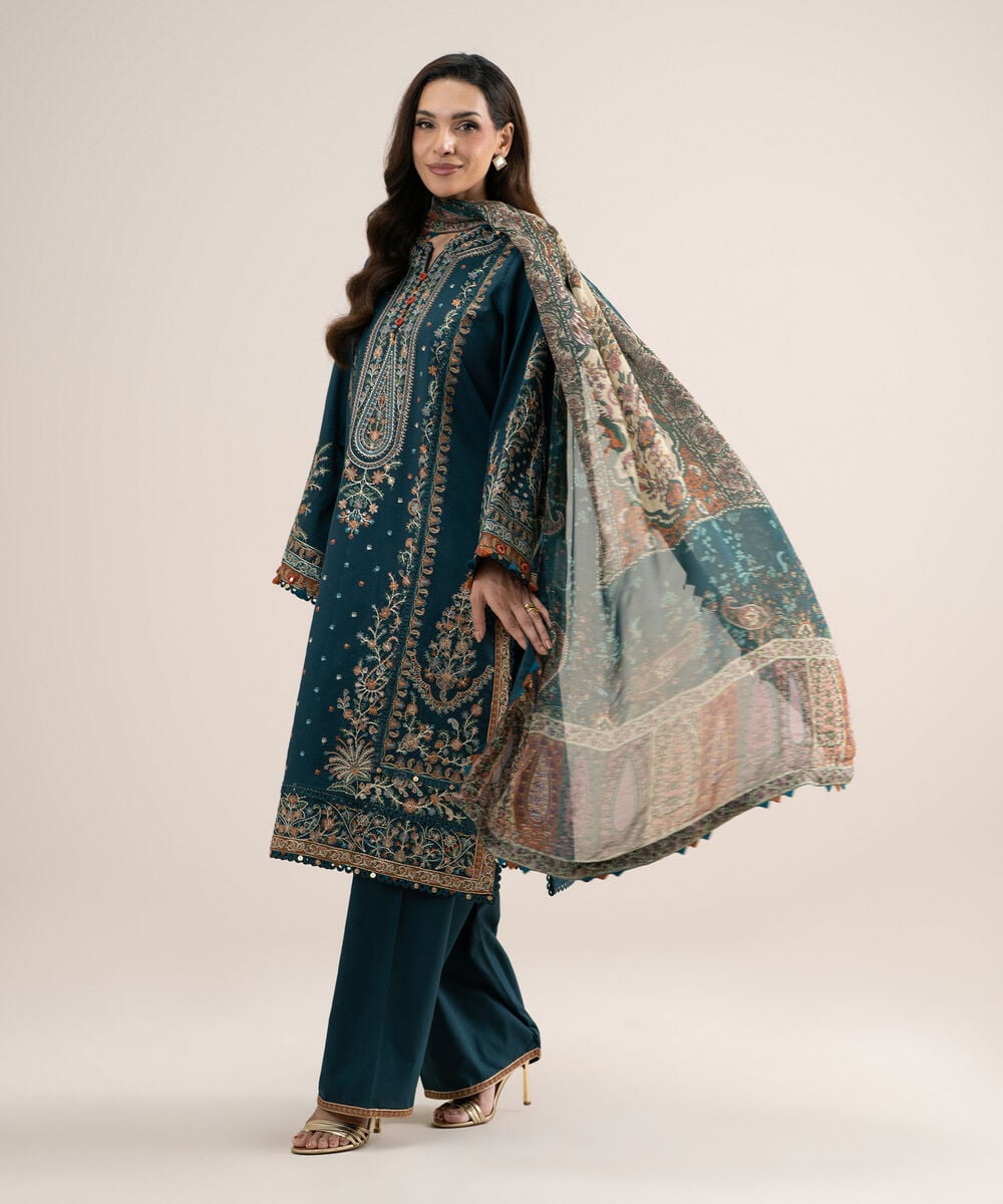 3 Piece - Embroidered Cotton Satin Suit — Sapphire view 3