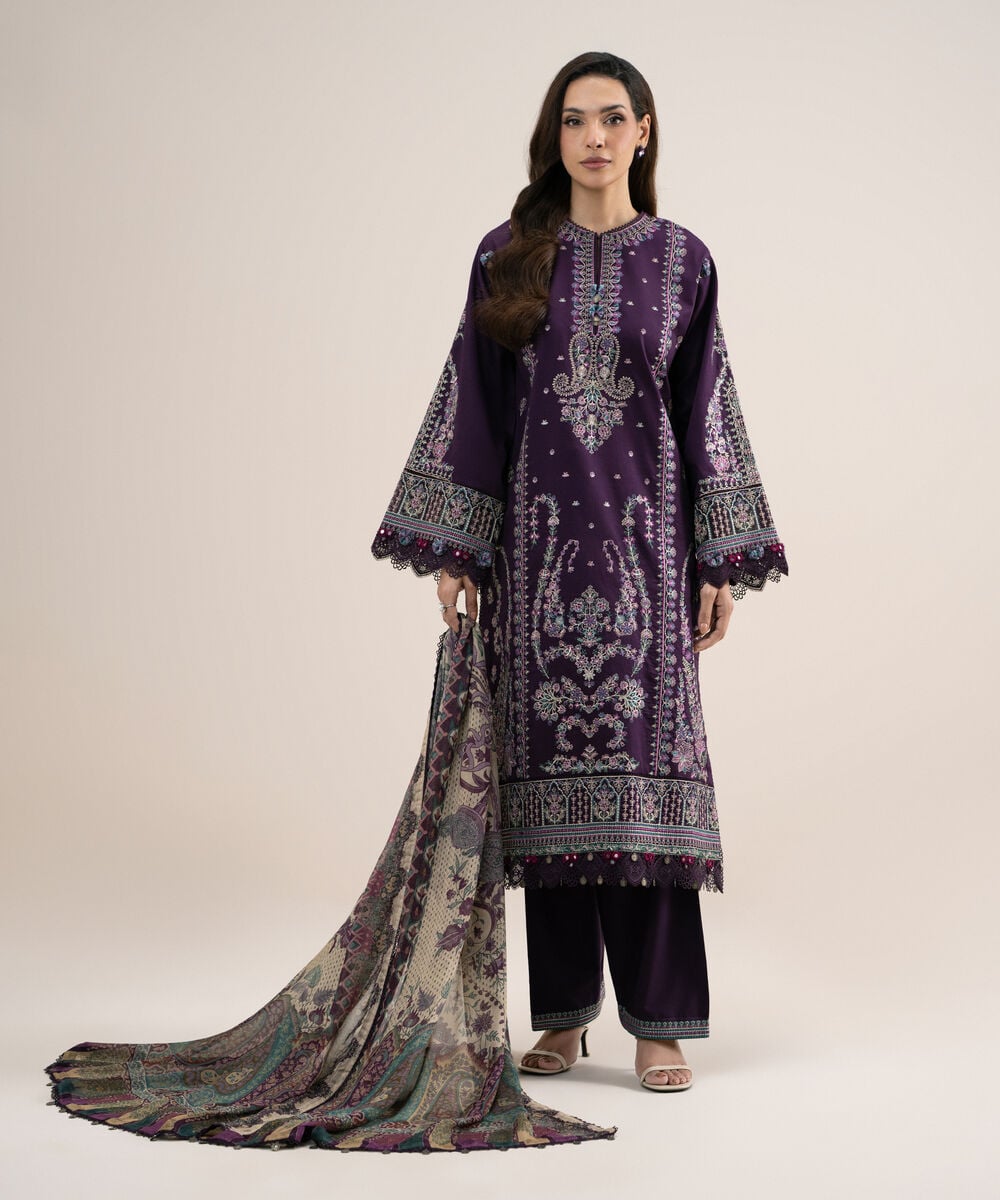 3 Piece - Embroidered Cotton Satin Suit — Sapphire