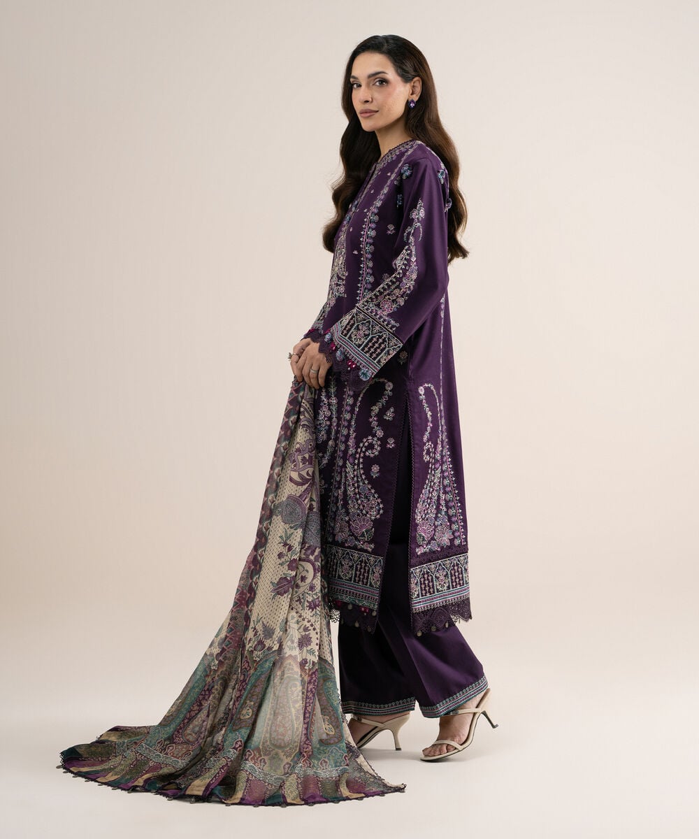 3 Piece - Embroidered Cotton Satin Suit — Sapphire view 3