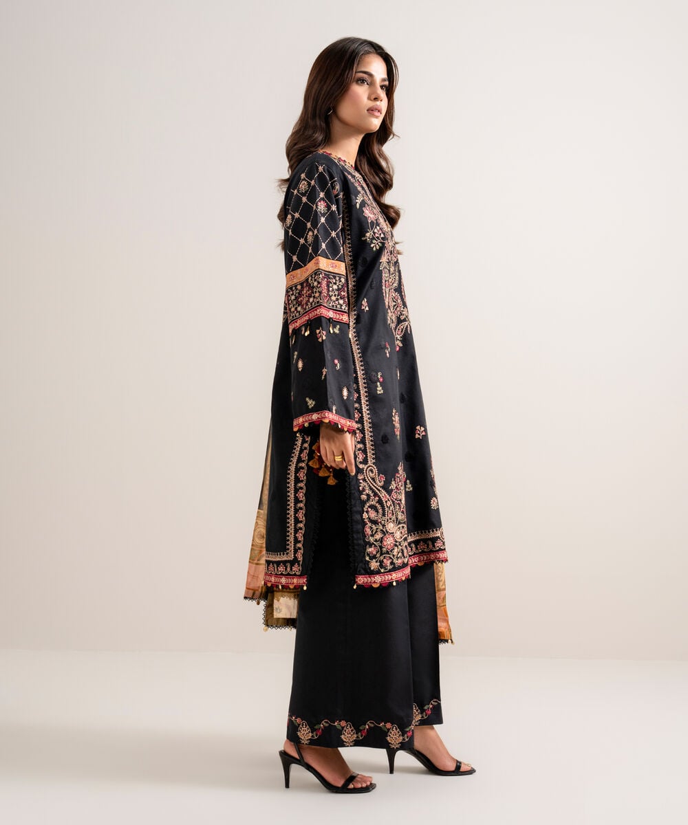3 Piece - Embroidered Cotton Satin Suit — Sapphire view 3