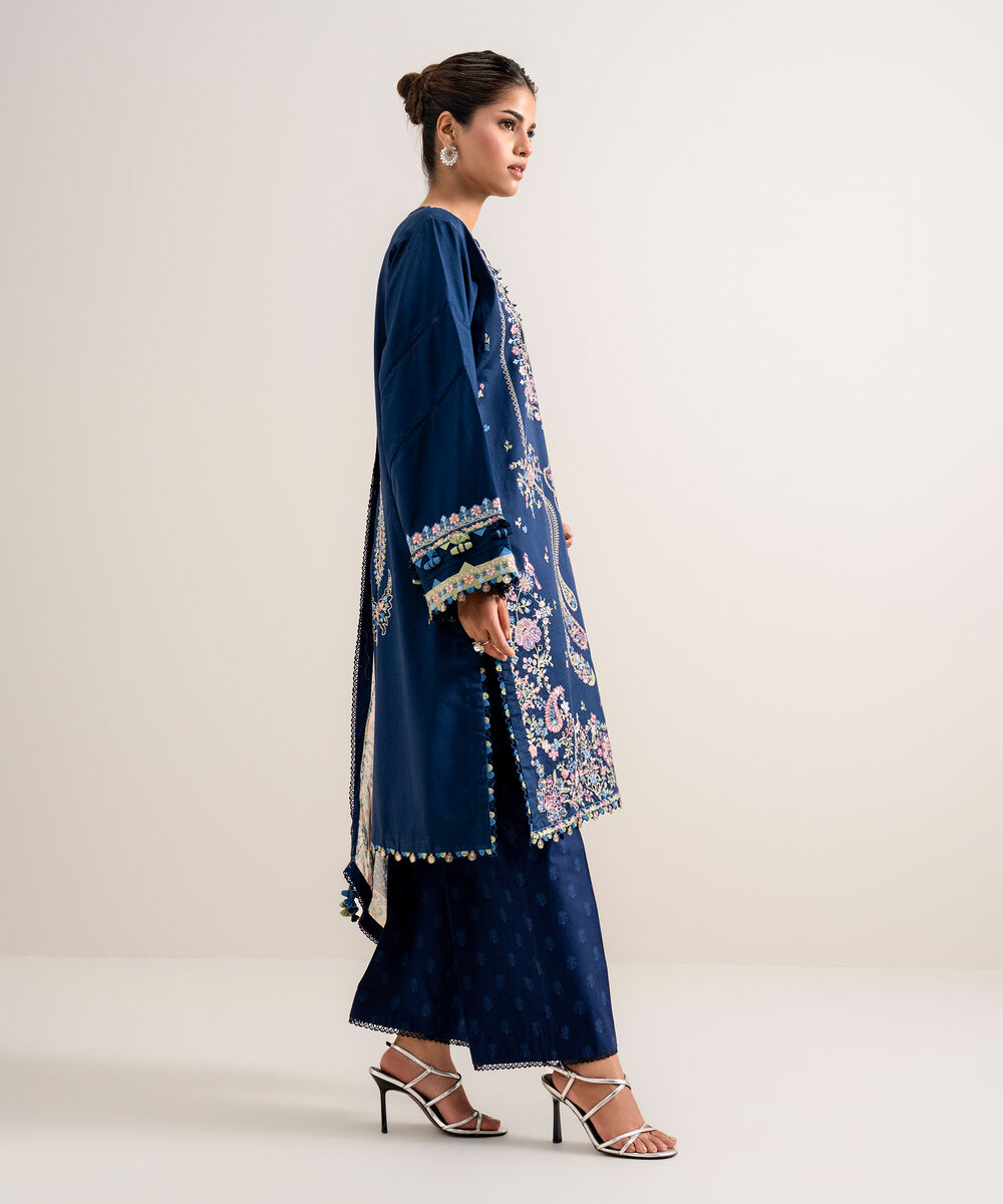 3 Piece - Embroidered Cotton Satin Suit — Sapphire view 3