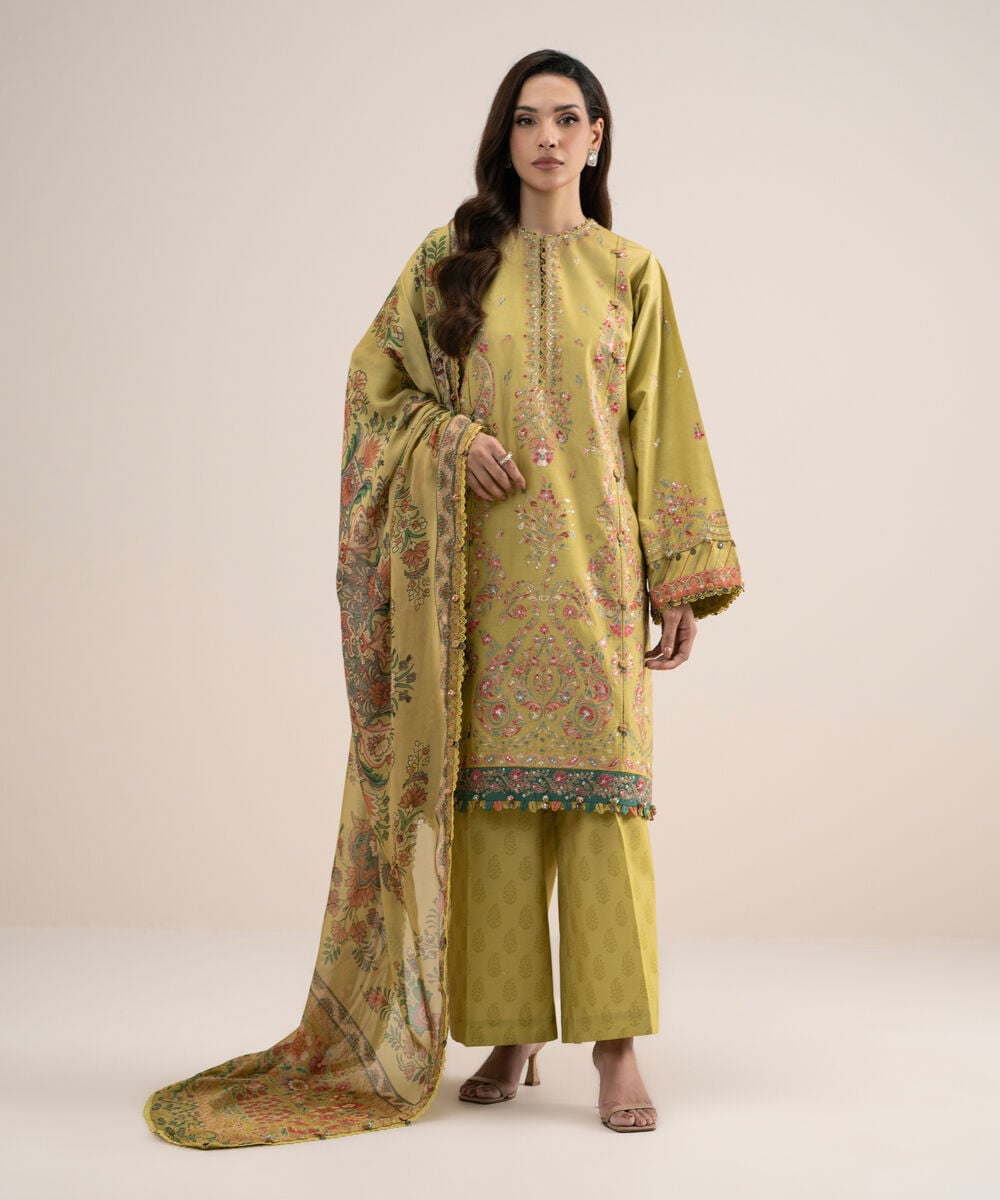 3 Piece - Embroidered Cotton Satin Suit — Sapphire