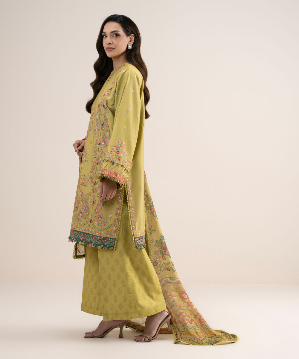 3 Piece - Embroidered Cotton Satin Suit — Sapphire view 3