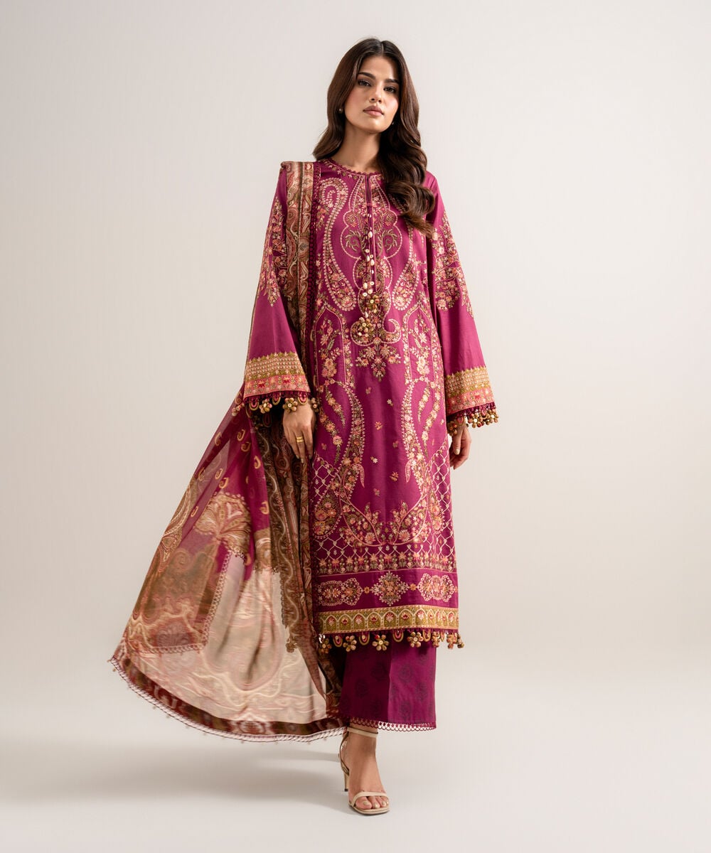 3 Piece - Embroidered Cotton Satin Suit — Sapphire