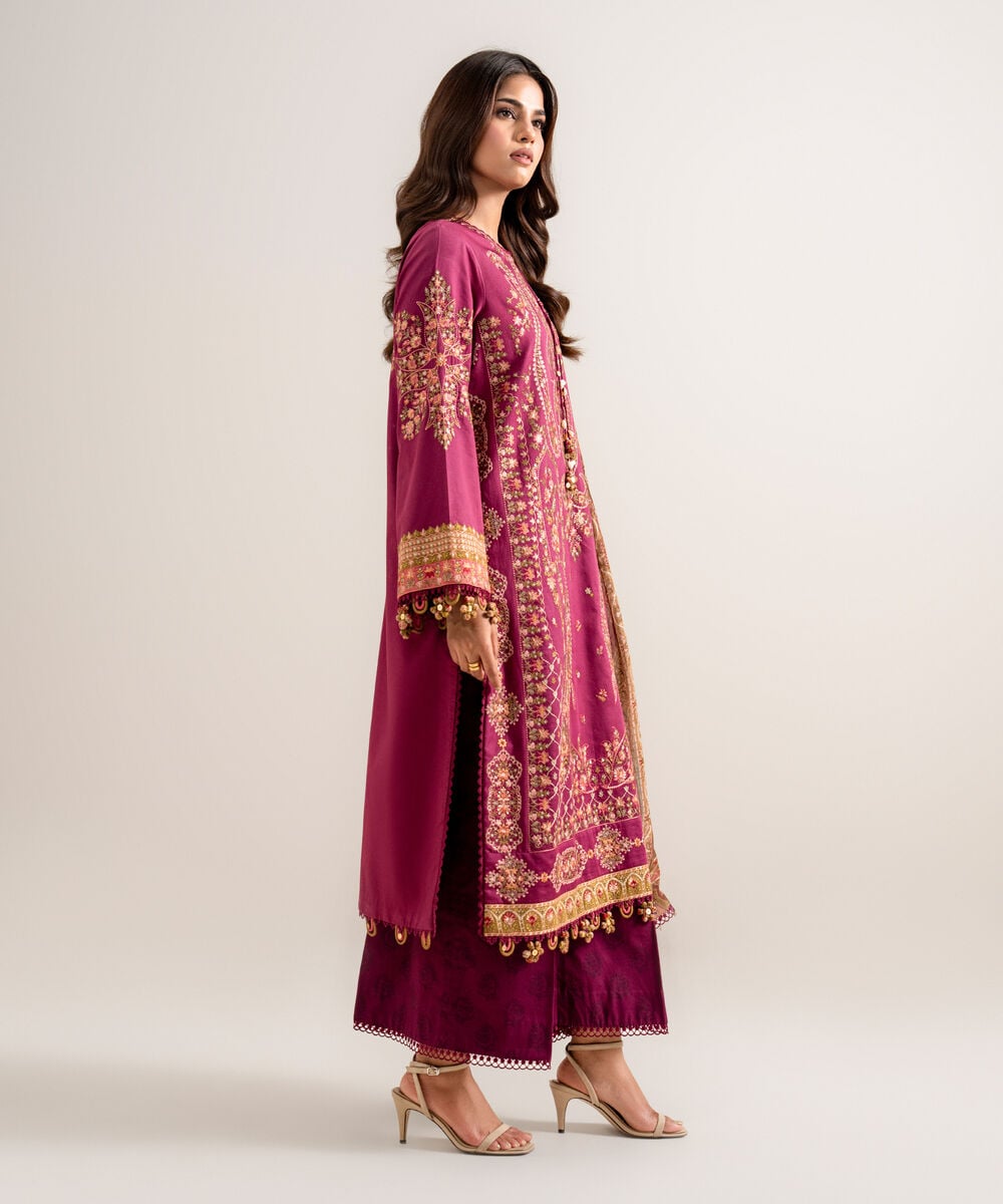 3 Piece - Embroidered Cotton Satin Suit — Sapphire view 3
