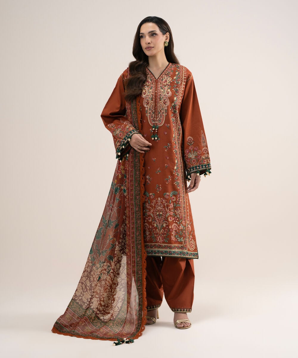 3 Piece - Embroidered Cotton Satin Suit — Sapphire