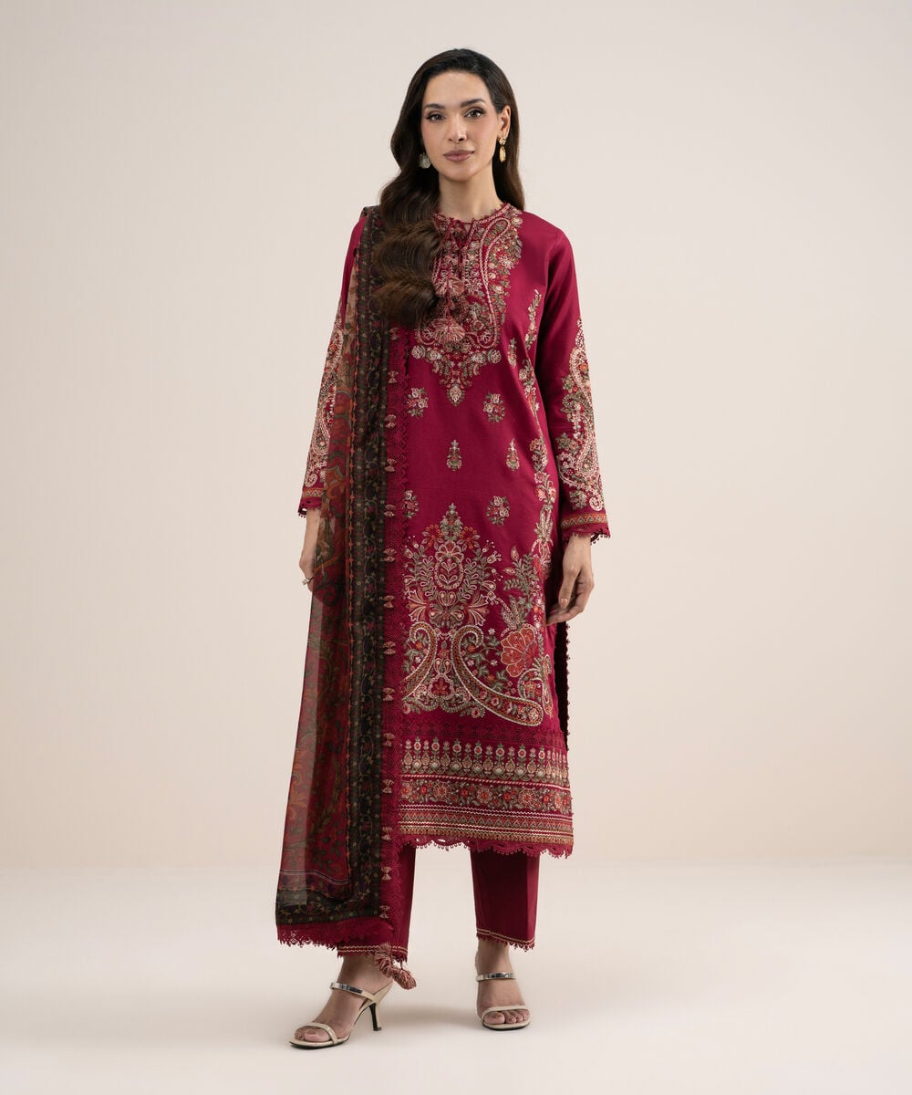 3 Piece - Embroidered Cotton Satin Suit — Sapphire