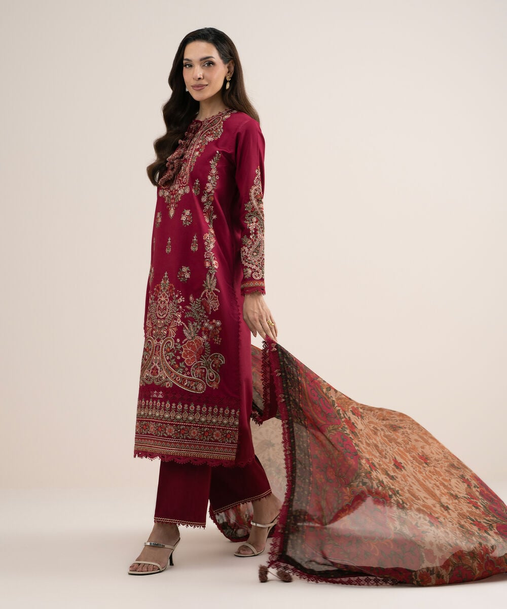 3 Piece - Embroidered Cotton Satin Suit — Sapphire view 3