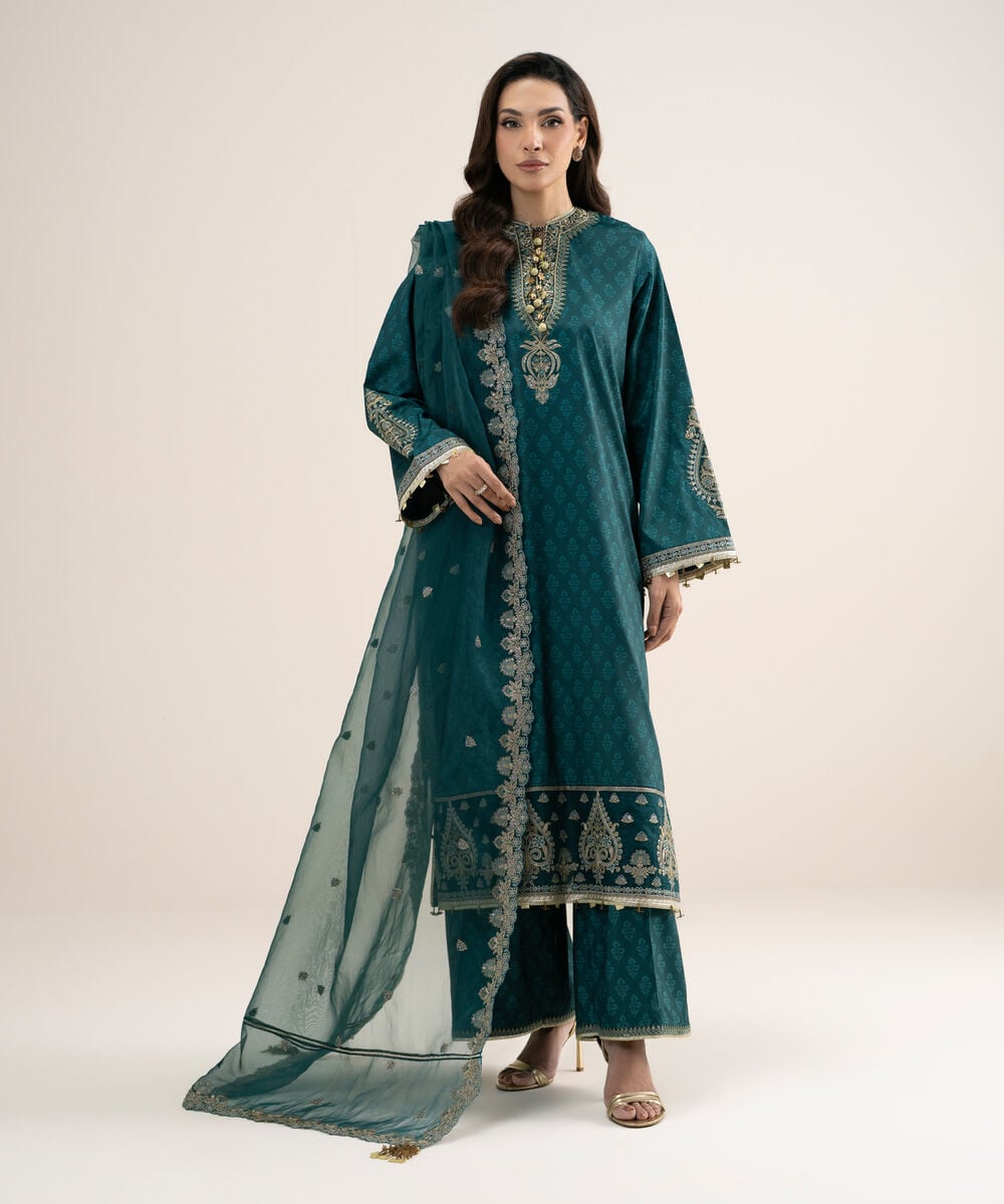 3 Piece - Embroidered Silk Suit — Sapphire