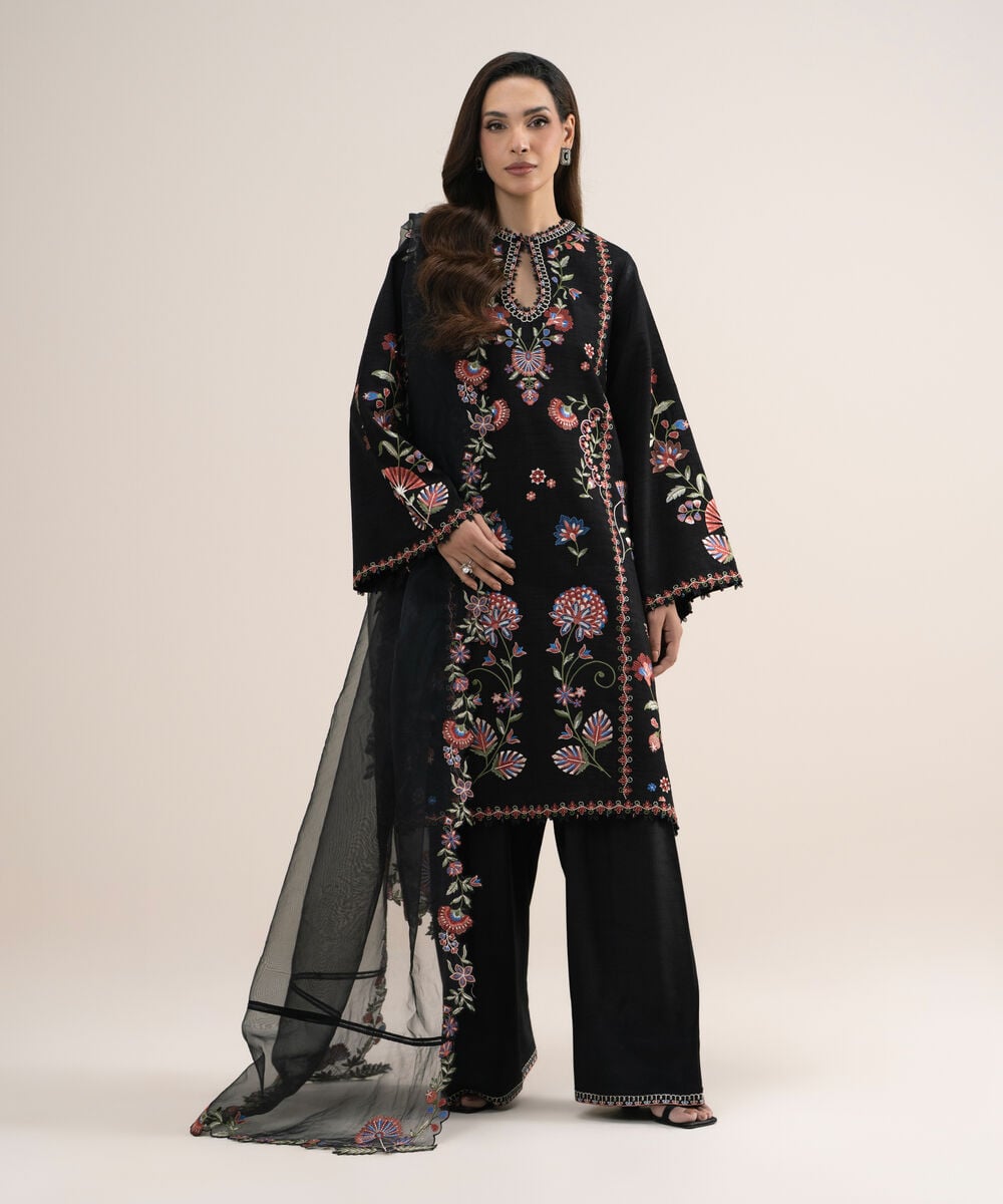 3 Piece - Embroidered Raw Silk Suit — Sapphire