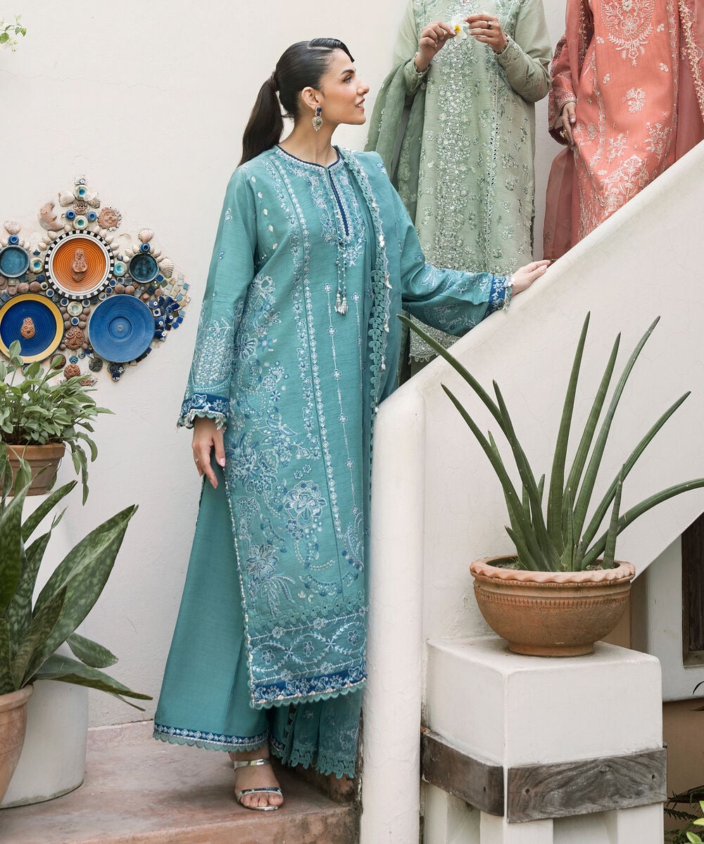 3 Piece - Embroidered Raw Silk Suit — Sapphire