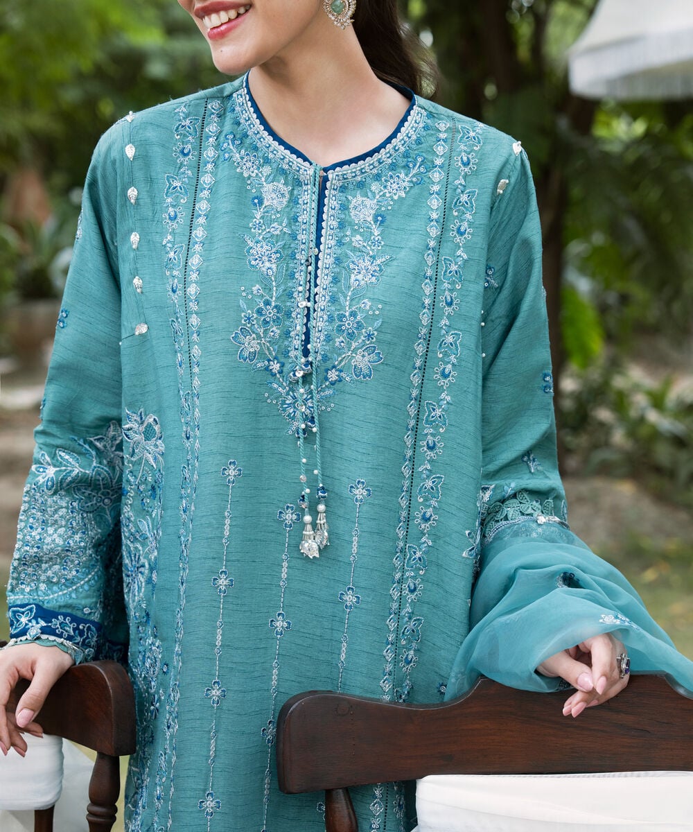 3 Piece - Embroidered Raw Silk Suit โ Sapphire view 3