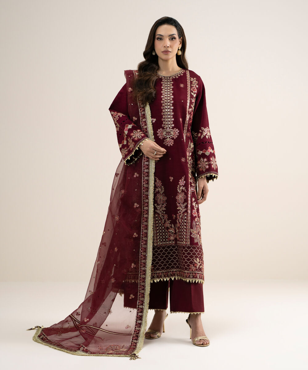 3 Piece - Embroidered Raw Silk Suit — Sapphire