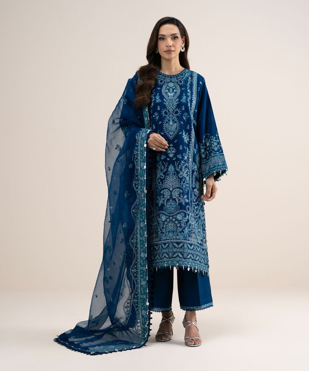 3 Piece - Embroidered Raw Silk Suit — Sapphire