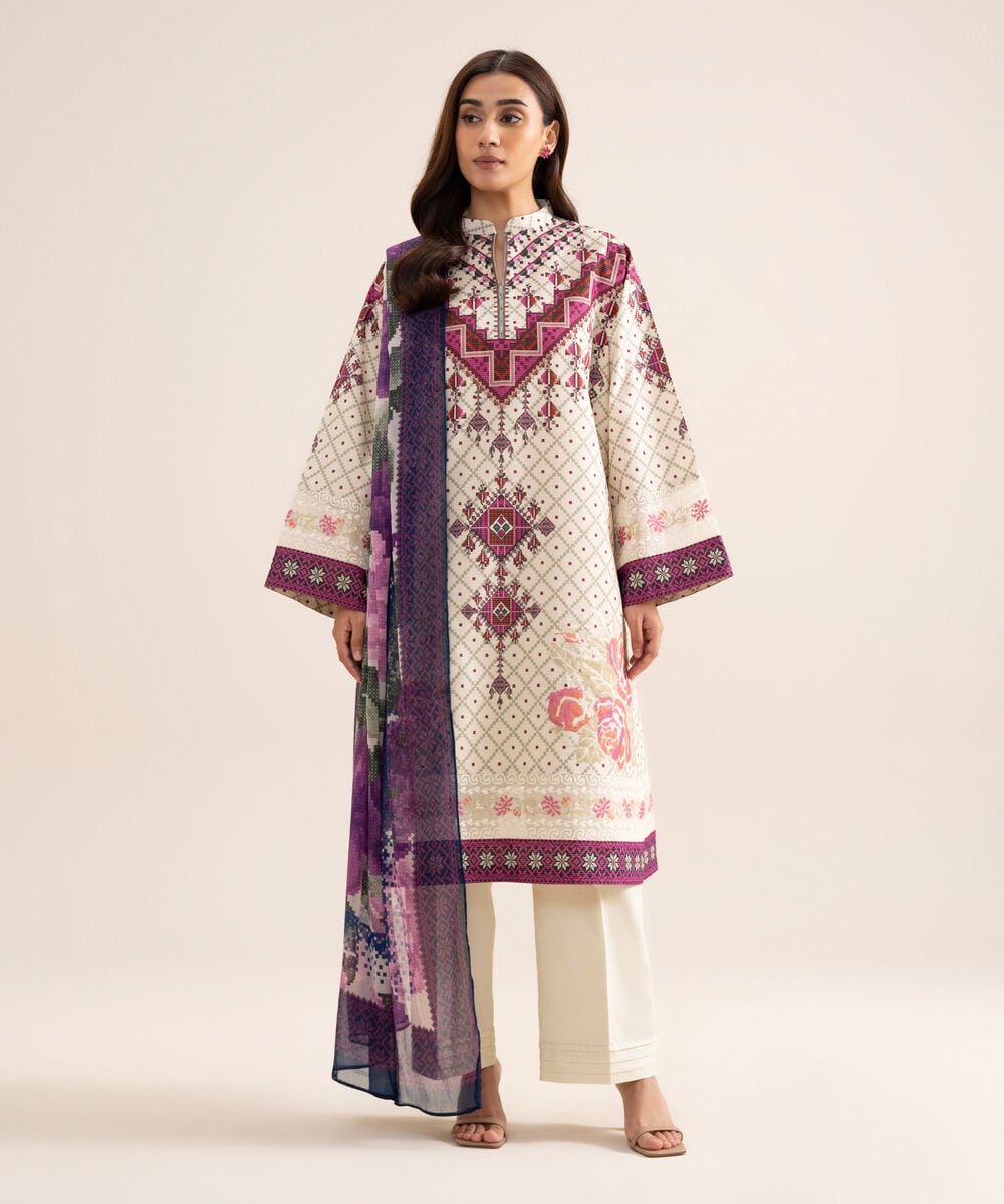3 Piece - Embroidered Zari Cotton Suit — Sapphire