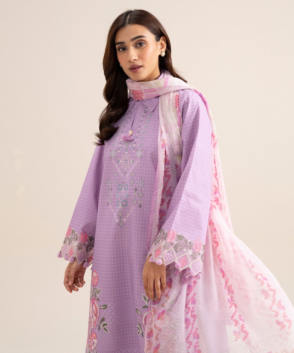 3 Piece - Embroidered Zari Cotton Suit โ Sapphire view 3