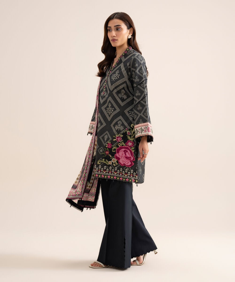 3 Piece - Embroidered Zari Cotton Suit โ Sapphire view 3