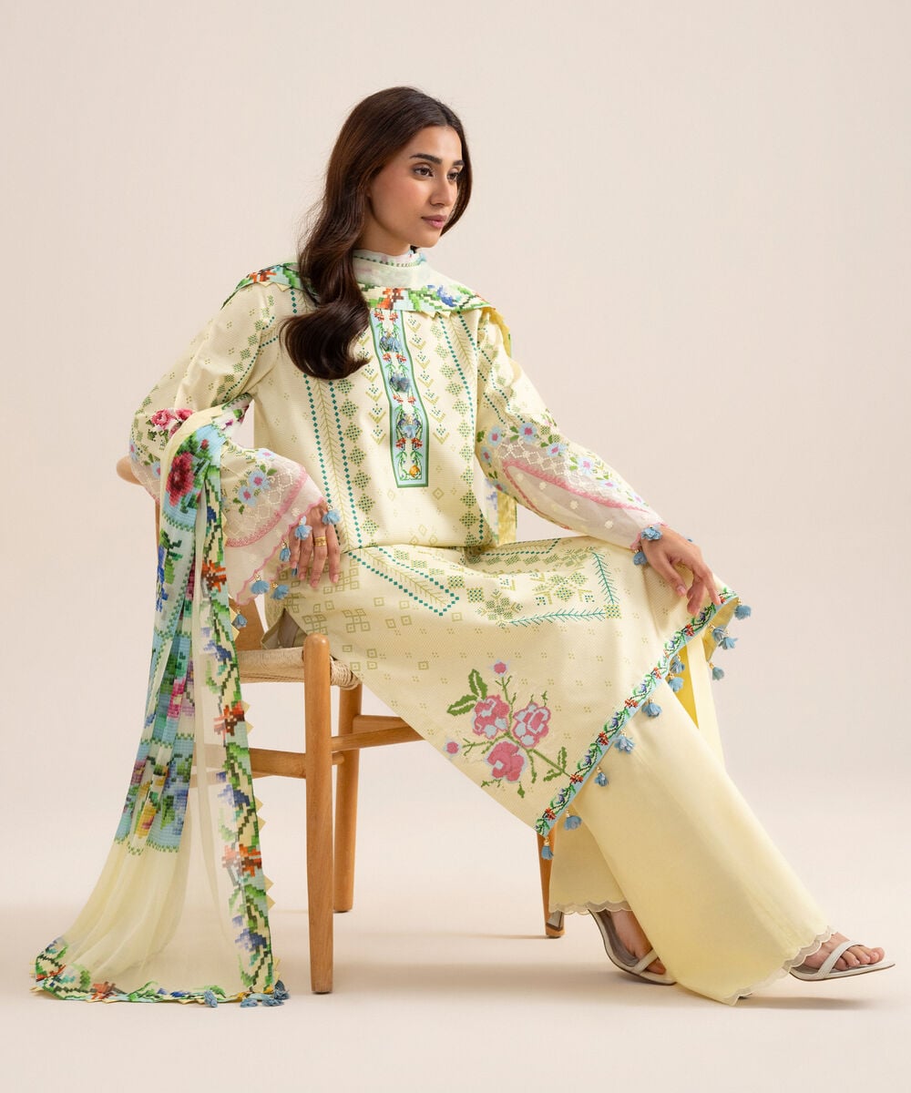 3 Piece - Embroidered Zari Cotton Suit — Sapphire